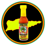 A bottle of hot sauce with a vibrant label and yellow cap, set against an island silhouette.