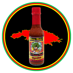 Hot sauce bottle with a colorful label against a black background.