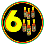 Six assorted hot sauce bottles displayed on a black circular background.