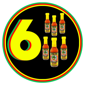 Six assorted hot sauce bottles displayed on a black circular background.