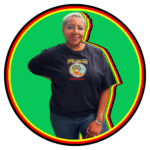 Woman posing confidently in a colorful outlined circular frame.
