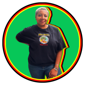Woman posing confidently in a colorful outlined circular frame.