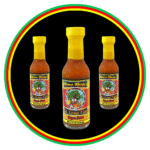 Three bottles of hot sauce with colorful labels on a black background.