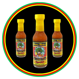Three bottles of hot sauce with colorful labels on a black background.