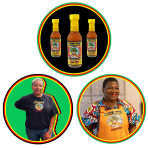 Three hot sauces with two men promoting them in bright attire.
